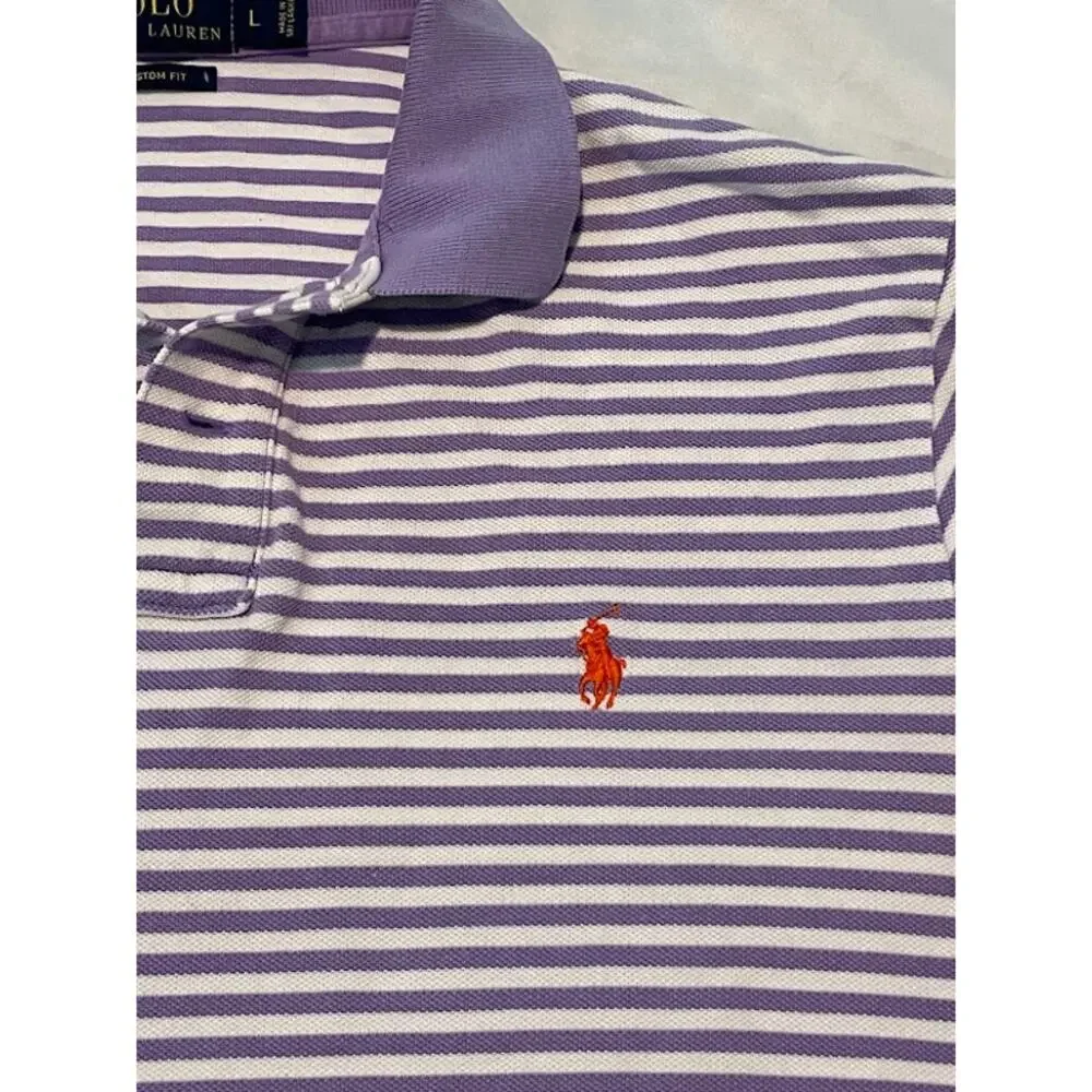 Polo Ralph Lauren Men's Custom Fit Striped Polo Shirt Purple White Size L